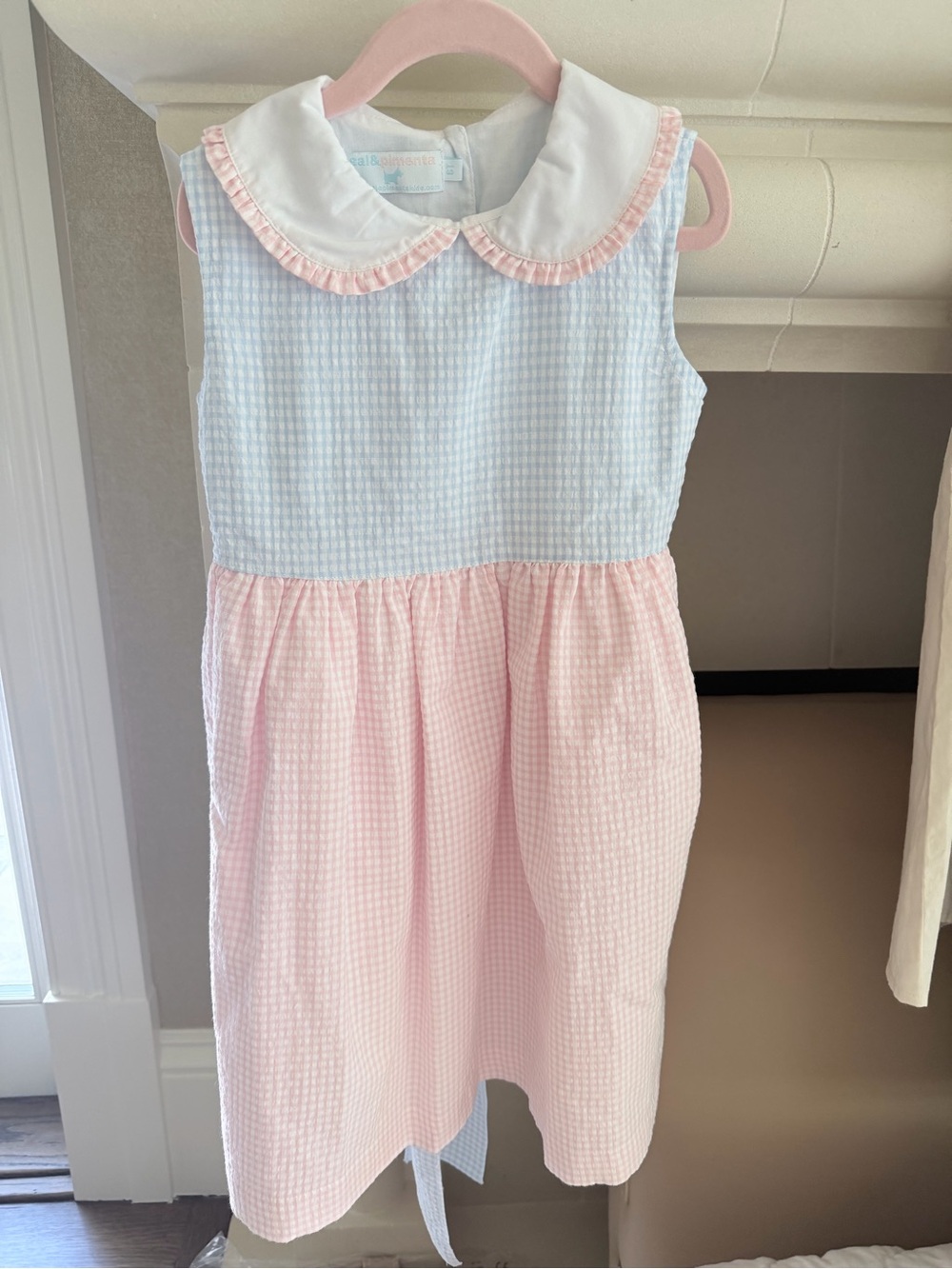 Classic Pink & White Seersucker Kids Dress with Peter Pan Collar